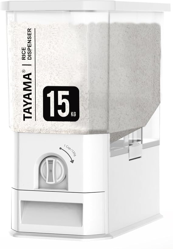 TAYAMA 33 lbs. Capacity Rice Dispenser Grain Storage Container, White
