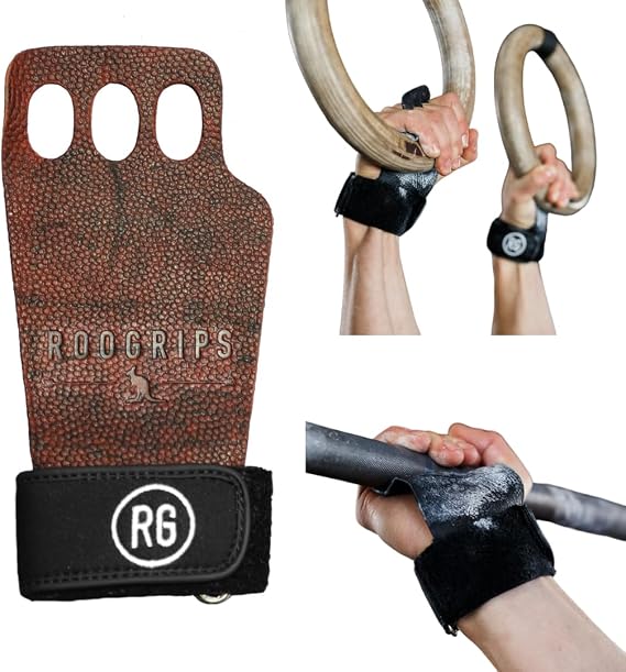 RooGrips 3 Finger Premium Leather Hand Grips for Gymnastic Bars, Cross Training, Gym & Home Workouts, Pull Up Bars & Weightlifting - The Most Durable Palm Guard from Rips and Blisters