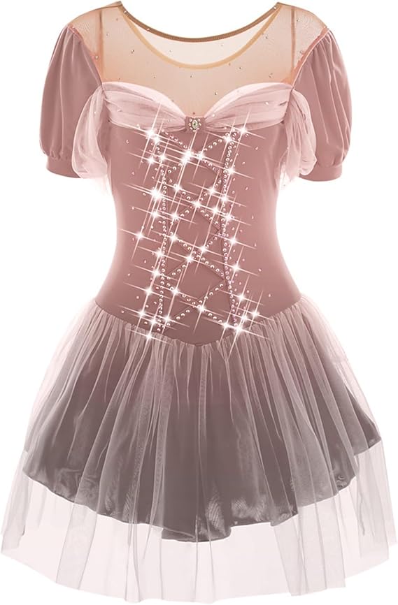 Teen Girls' Figure Skating Dress, Women's Short Sleeves High Elasticity Ice Skating Dress for Performance