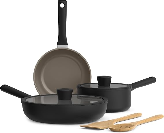bella 7 Piece Cookware Set with EverGoodTM Ceramic Nonstick Coating, Dishwasher Safe Oven Safe, All Stovetops Compatible, Glass Lids with Silicone Rims, Cool Touch Handles, Black