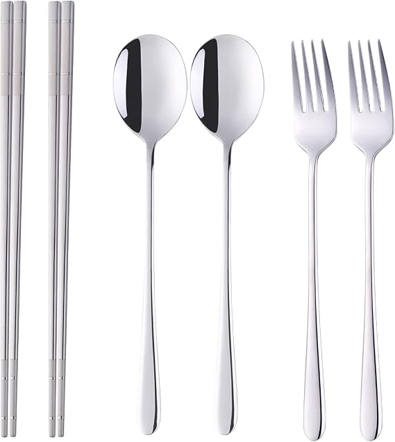 Buyer Star Stainless Steel Korean Chopsticks Spoons and Fork Set, 2 Pack Reusable Forks and Spoons Silverware Korean Utensil Set, Portable Utensils Dinnerware for Home (Silver)