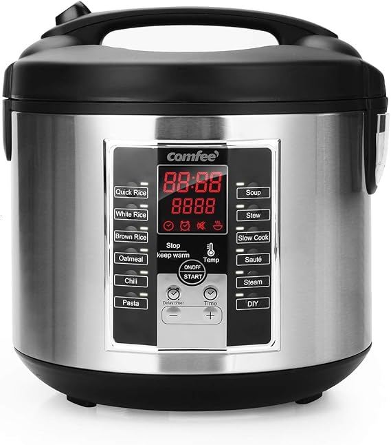 COMFEE' Rice Cooker, Slow Cooker, Steamer, Stewpot, Saute All in One (12 Digital Cooking Programs) Multi Cooker (5.2Qt ) Large Capacity. 24 Hours Preset & Instant Keep Warm, Black/Silver (MB-M25)