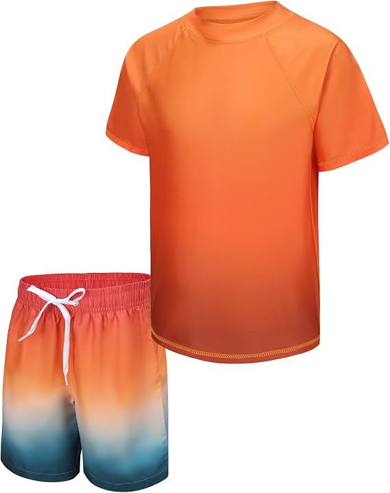 Boys Rash Guard Set for Kids Boys 2 Piece Short Sleeve Swim Shirts with Trunks Quick Dry Bathing Suits Swim Set