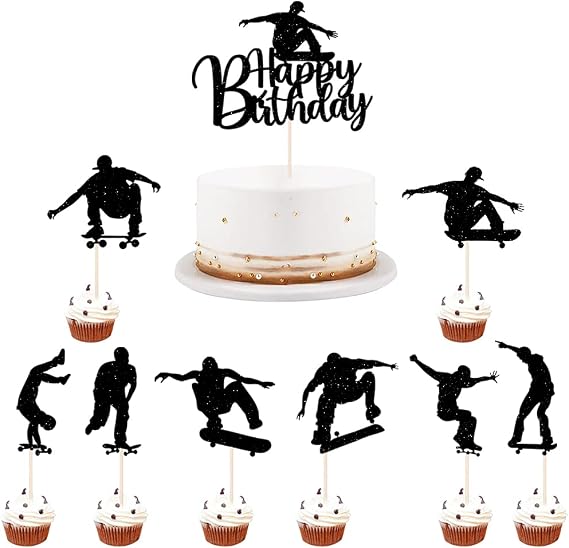 LVEUD 7PCS Skateboard Happy Birthday Cake Topper,Black Glitter Happy Birthday Skateboard Cake Topper for Skateboard Birthday Party Cake Decorations, Sport Birthday Party Supplies
