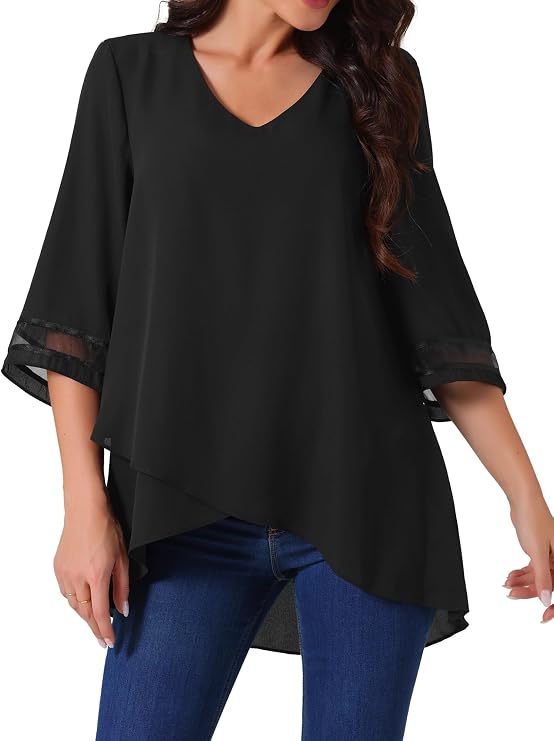 Seta T Women's Chiffon Tops V Neck 3/4 Bell Sleeve Mesh Panel Blouse Loose Asymmetrical Hem Shirts