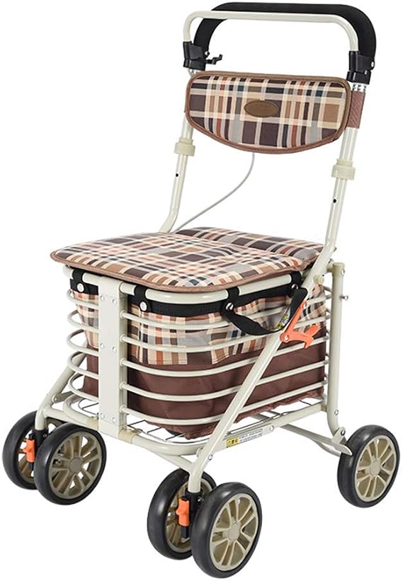 Heavy Duty Shopping Cart with Seat, 4 Wheels Medical Walking Aids Foldable, Drive Rollator Walker Lightweight Quality Aluminum Alloy Frame, Used for Seniors Walking, A