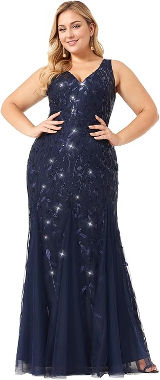 Ever-Pretty Plus Sequin Formal Dresses Sleeveless V Neck Mermaid Ball Gowns Plus Size Prom Dress