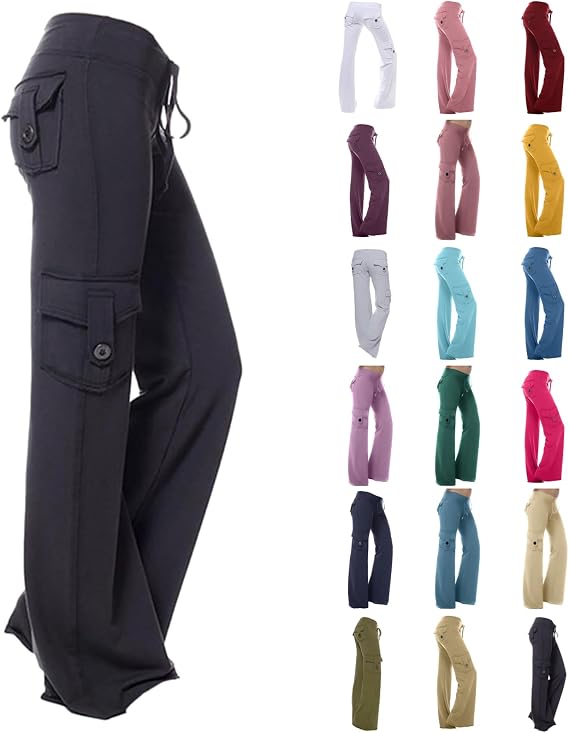GOHRSHA Cargo Pants Women Baggy Wide Leg Yoga Pants Stretchy Bootcut Flare Trousers High Waisted Loose Casual Sweatpants