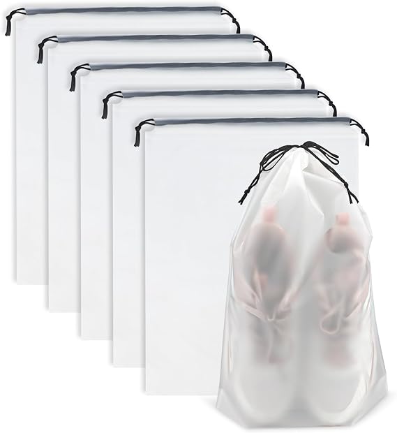 Clear Travel Shoe Bags 5-Pack (15.7x11.8 Inches) Waterproof Drawstring Shoe Organizers for Packing, Essential Travel Gear for Men & Women