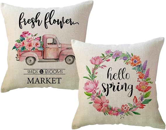ULOVE LOVE YOURSELF 2Pack Spring Throw Pillow Covers Hello Spring Wreath/Truck/Fresh Flowers Home Decorative Pillow Cushion Cover Square Pillowcases 1818 Inch for Sofa/Couch/Porch