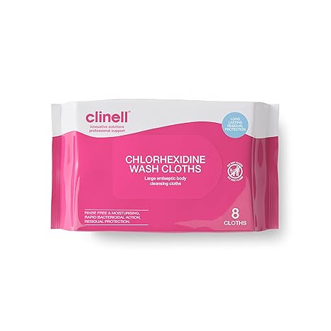 Clinell CHGWC8 Chlorhexidine Wash Cloths - Body Wipes, Rinse Free Solution, Kills Bacteria, Dermatologically Tested - Pack of 8 Cloths