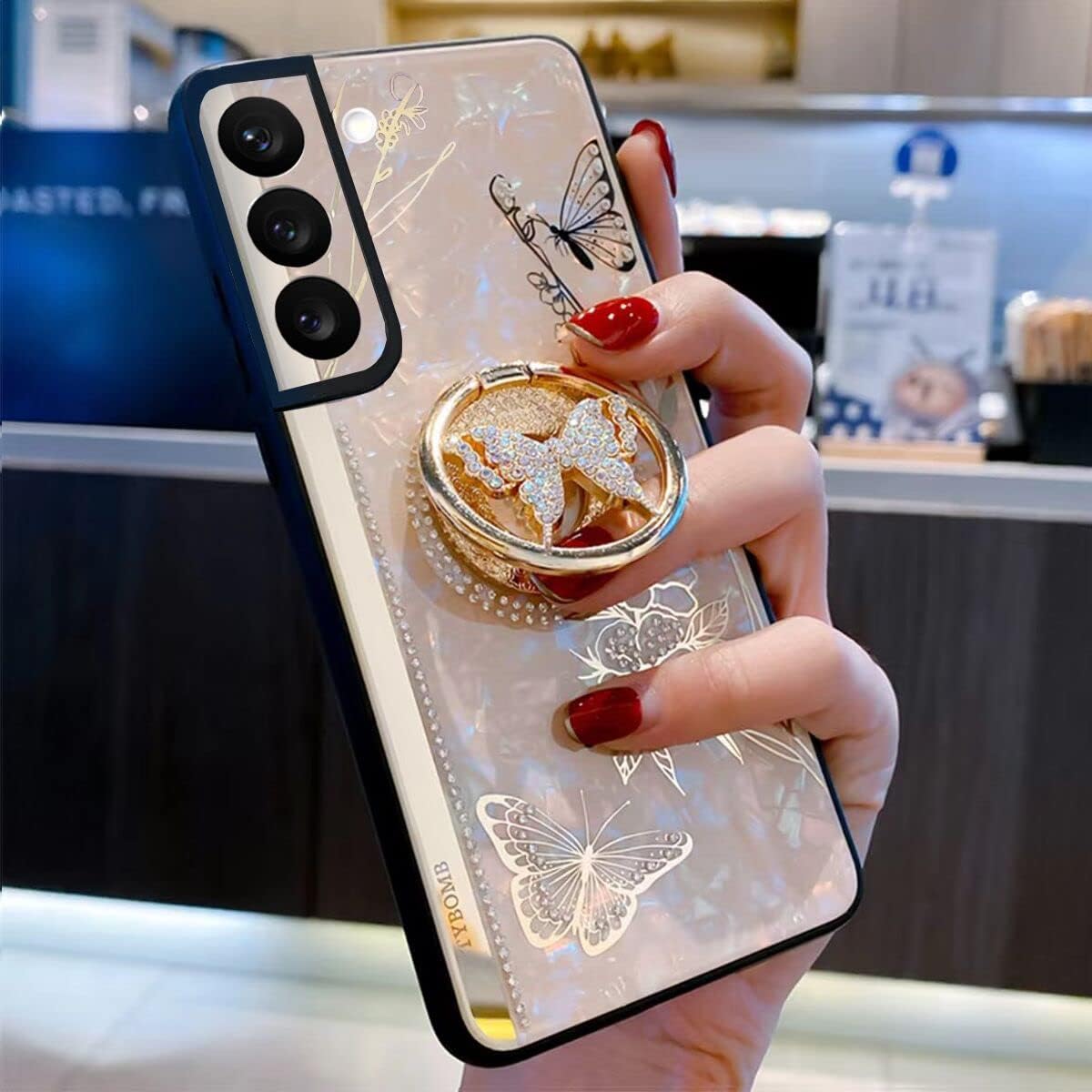 Topwin Galaxy S22 Plus Kickstand Case, Cute Marble Conch Shell Floral Butterfly with Ring Stand Elegant Shockproof Protective Cover for Girls Women for Samsung Galaxy S22 Plus Rose Gold