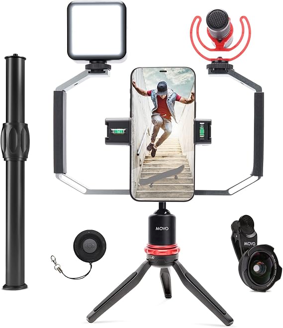 Movo iVlog3 Smartphone Video Bundle VXR10-PRO Directional Microphone, Mini Tripod, LED Camera Light, Wide-Angle Lens - Cell Phone Tripod Stand - External Microphone for iPhone and Android