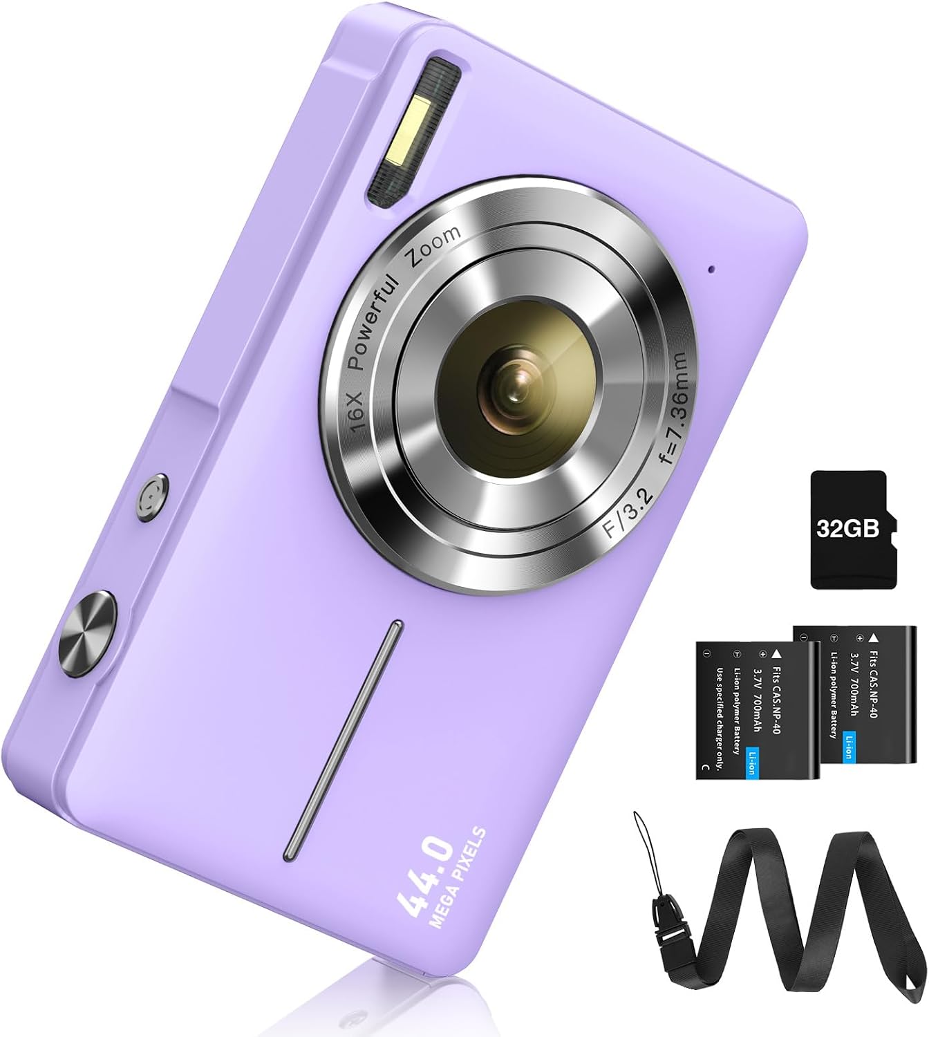 Digital Camera FHD 1080P 44MP Camera with 32G Card 16X Digital Zoom Digital Camera with Battery Portable Simple Digital Camera for Children Students Teenagers Beginners Seniors Purple