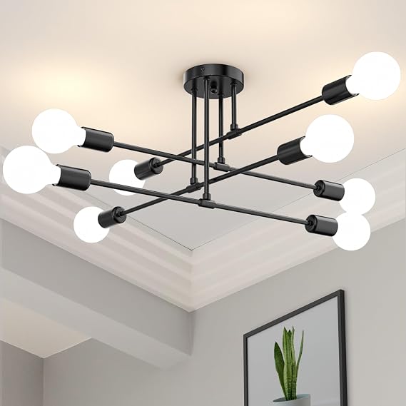 Phaosio Modern Sputnik Chandelier Ceiling Light Fixtures, 8-Lights Mid Century Industrial Metal Semi Flush Mount for Dining Room, Bedroom, Living Room-Black