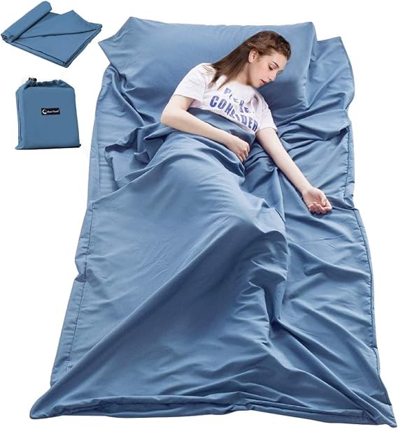 Lightweight Sleep Sack, Compact Sleeping Bag Liner Travel Sheets for Hotel | Soft Breathable Adult Sleep Sack, 4 Season Travel Sheet for Hostel Camping Backpacking Hiking, Machine Washable, 3 Sizes