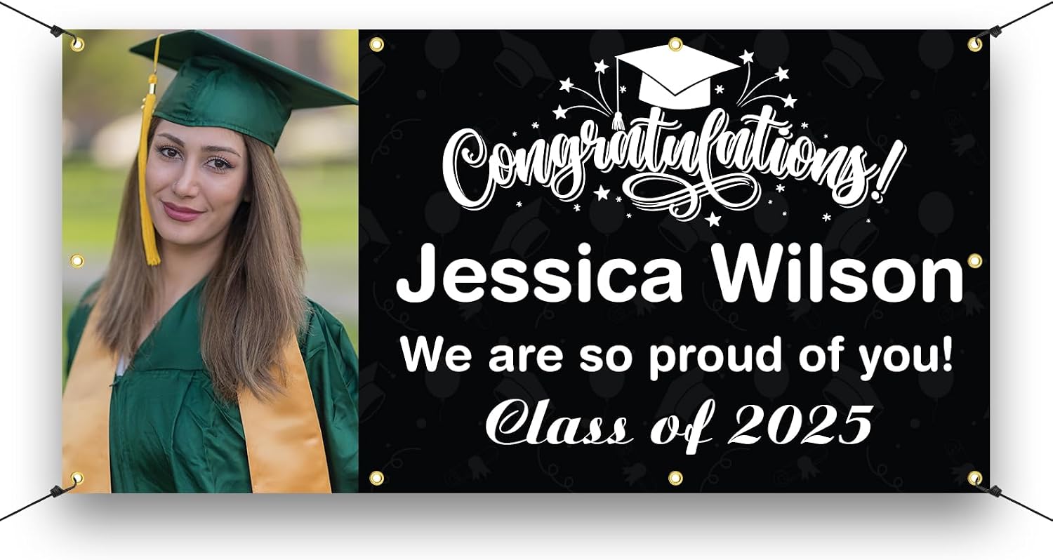 UPGRADE Custom Graduation Banner Class of 2025 – Personalized Vinyl Banner with Photo, Name & Message – Outdoor Graduation Decor Black