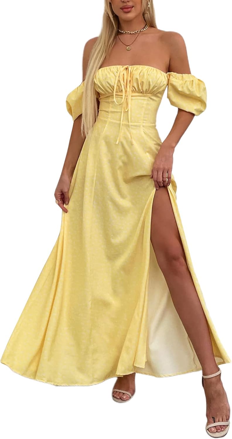 Womens Summer Puff Sleeve Floral Split Maxi Dress Flowy A Line Casual Beach Long Dresses 2025