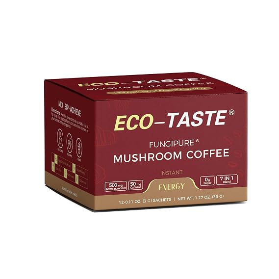 ECO-TASTE Mushroom Coffee Mix for Energy, 12 Sachets | FungiPure Mushrooms, Reishi, Cordyceps, Chaga, Rhodiola, Ginseng, and Eleuthero, NO Jitters