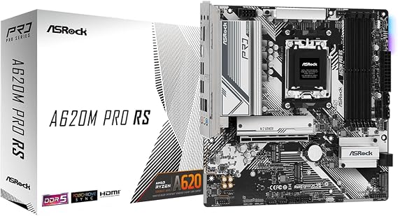 ASRock A620M Pro RS Socket AM5 Micro-ATX Motherboard, Supports AMD Ryzen 9000/8000/7000 Series, DDR5 7200+ (OC), 6+2+1 Power Phase, Dual M.2, Dual USB Type-C