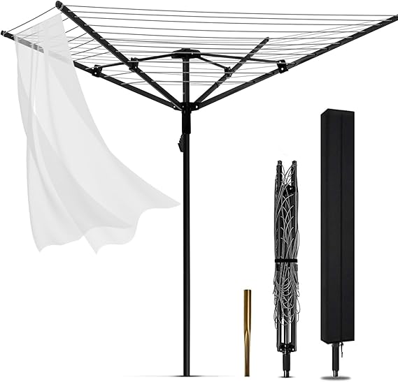 65ft 4-Arm Rotary Umbrella Clothesline Adjustable Height for Backyard | Heavy duty retractable outdoor drying rack with 12 lines, adjustable height, great for backyard laundry drying