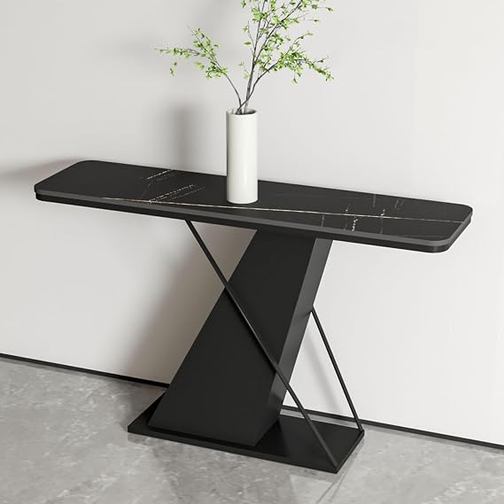 Modern Entryway Console Table - Narrow Long Sofa Accent, Space-Saving for Hallway, Living Room & Small Spaces (Easy Assembly) Marble Top Metal Frame