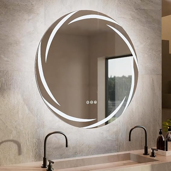 LUVODI Round LED Bathroom Mirror: 32 Circle Wall Mounted Large Lighted Makeup Mirror with 3 Color Bright Backlit - Smart Anti Fog Dimmable Vanity Mirror with Touch Switch for Restroom Toilet Hallway