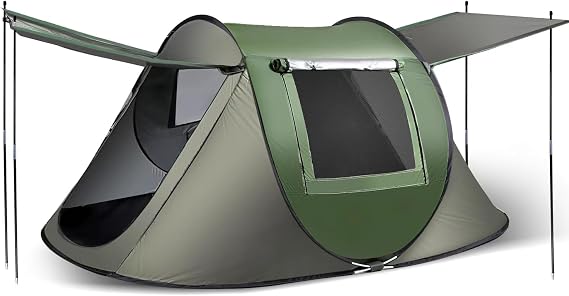 Pop Up Camping Tent, 2-3 Person Shelter with Dual Door Vestibules, Green | Sets up in 1 second with SPF 50 silver-coated fabric, 2000mm light-rain protection, mesh doors, windows and carry bag.