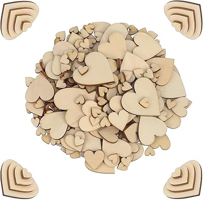 Pack of 400 Unfinished Blank Wooden Heart Shaped Slices Discs DIY Craft Pieces for Wedding Ornaments Christmas Party Embellishment 4 Sizes