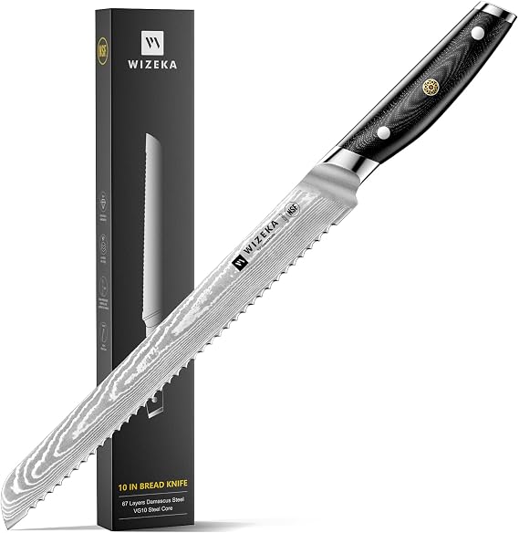 10 Inch Damascus Serrated Bread Knife, Full-Tang, Razor Sharp | Damascus Steel with a VG10 Core, Perfect for Homemade Bread & Sourdough, Effortless Smooth Cuts, Hand-Ground Serrations