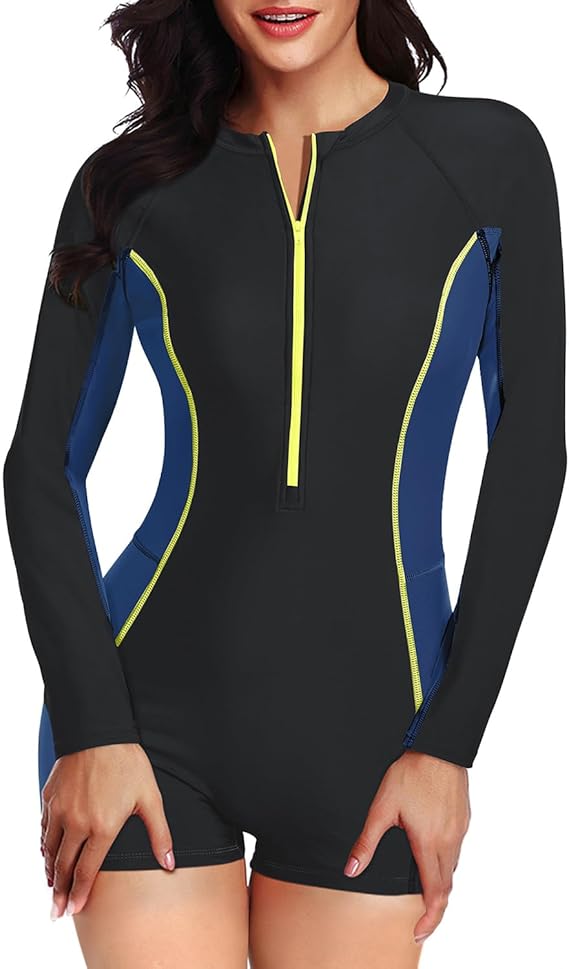 Daci Zipper Long Sleeve One Piece Rash Guard Swimsuit UPF 50+ | Boyleg,Sun Protection,Zip,Clolor Block,Quick Dry