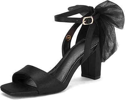 Coutgo Womens Bow Tie Heeled Sandals Chunky Heels One Strap Satin Ankle Buckle Dress Wedding Shoes