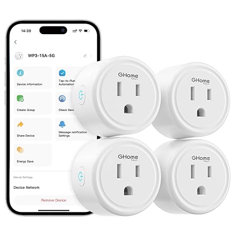 GHome Smart Plug 15A 5G Hz and 2.4GHz Wi-Fi, Compatible with Alexa & Google Home & IFTTT, No Hub Required, ULETLFCC Certified,Remote Control, Timer,White [4 Pack]