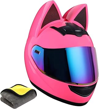 Womens Pink Cat Ear Motorcycle Helmets, Female Girl Cute Motorcycle Helmet DOT Approved Cool Unique Full Face Helmets with Visor, Casco Moto Mujer, Electric Scooter ATV Adult Helmets