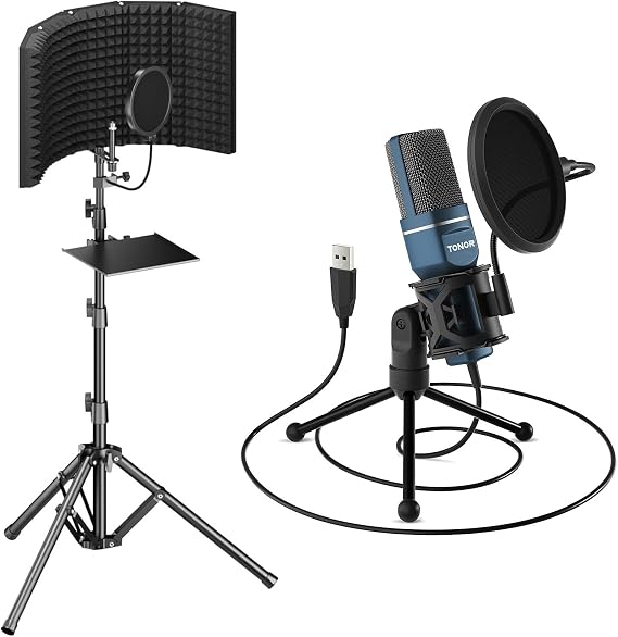 TONOR TC-777 USB Microphone and Isolation Shield Pack, Computer Cardioid Condenser PC Gaming Mic with High Density Absorbent Foam Shield & Pop Filter & Tripod Stand