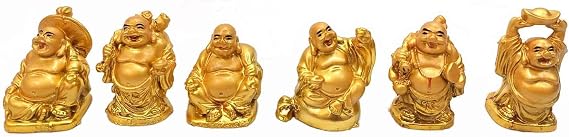 JapanBargain, Set of 6 Gold Laughing Buddha Statues, 2-Inch Lucky Buddha Figurines for Home Office Feng Shui Decor, Miniature Happy Buddha Gods for Positive Energy and Good Luck