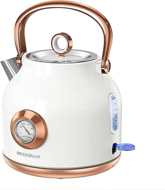 Retro Electric Kettle, 1.7L Stainless Steel Tea Kettle with Large Temperature Gauge, 2200W Fast Heating Hot Water Boiler with LED Indicator, Auto Shut-off &amp; Boil-Dry Protection-Retro (white)