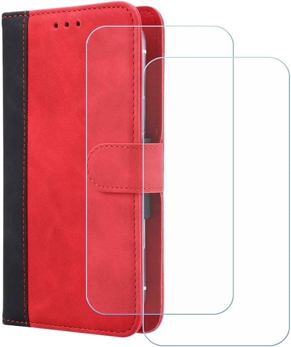 Cover for Leica Leitzphone Powered + 2 HD Film Protector, Screen Protector Tempered Glass - Phone case with[Cash and Card Slots] Wallet Shell for (6,9") - Red-XHDFG