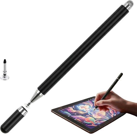 Stylus Pens for Touch Screens, 2 in 1 Magnetic Disc & Fiber Tip Stylus Pen for iPad with Magnetic Cap, Compatible with All Touch Screens - Free Replacement Disc Tips, Black