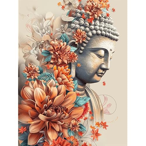 Zariocy 5D Diamond Art Kits for Adults Buddha, DIY Diamond Painting Art Flowers Round Full Drill Crystal Diamond Embroidery Paintings Arts Craft for Home Office Wall Decor 12x16 inch