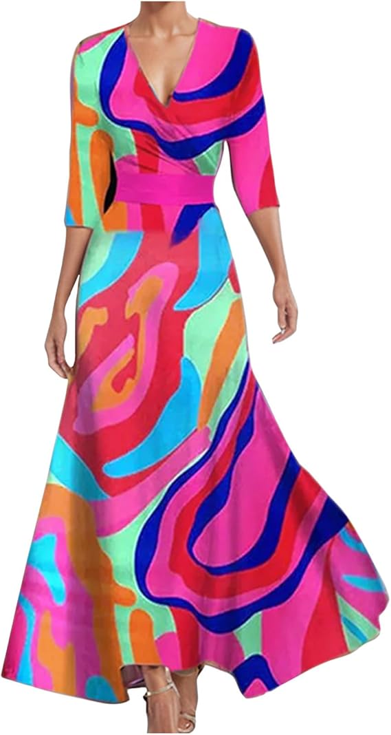 Women Floral Boho Dresses Casual Loose Flowy Sundress Short Sleeve Long Maxi 2025 Summer Beach Swing Dress