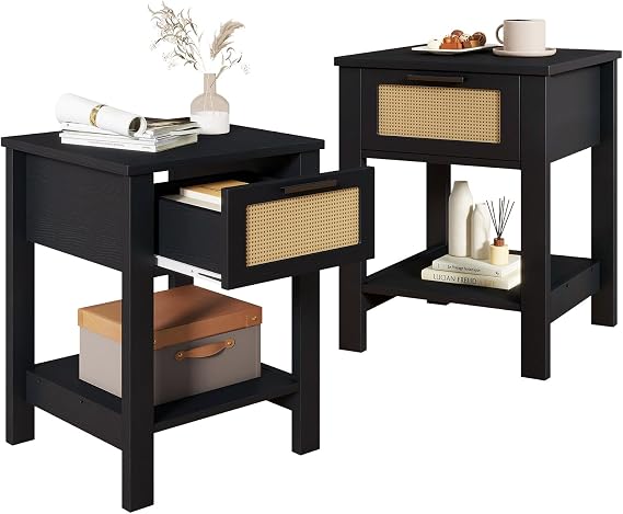 IBUYKE Rattan Nightstand Set of 2, with Drawer, Black UWNS011B-2