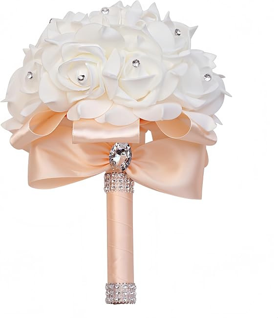 Wedding Bouquets for Bride: Bride Bouquets for Wedding, Handmade Artificial Silk Rose Flower Bouquet, with Crystal Diamond Decoration, for Weddings Church Party (Champagne)