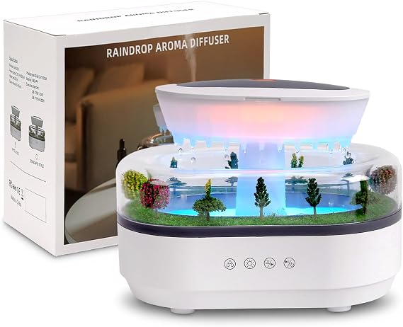 Cloud Rain Humidifier Water Drip, 7 Colors Rainfall Humidifier with Rain Sounds, 250ml Microlandscape Raindrop Essential Oil Aromatherapy Diffuser for Bedroom, Silent Rain Lamp, Timing, Auto-Off