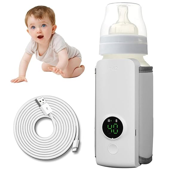 Portable Bottle Warmer for Travel Moclever USB Rechargeable Baby Milk Warmer, Battery-Powered Breastmilk Heater On The Go, 6 Adjustable Heating Levels, Digital Display, Fits Most Bottles