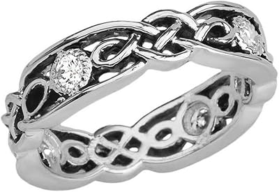 Elegant Black and Sterling Silver CZ Vintage Celtic Knot Wedding Band