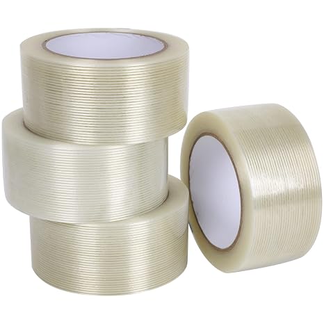 4 Pack Fiberglass Tape, Extra Thickness 6.3 mils and Super Sticky, Transparent Filament Reinforced Strapping Tape for Heavy Duty Packing, 2inch27yds/Rolls