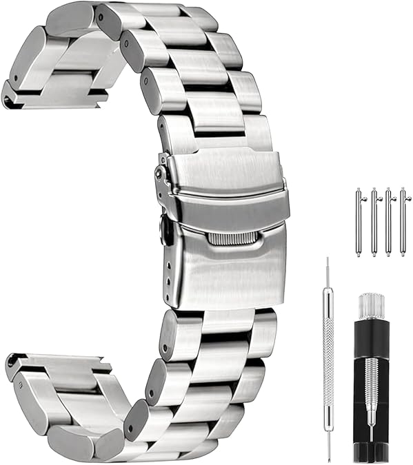 Heavy-duty Solid Stainless Steel Watch Band 20mm 22mm 24mm 26mm, Black Silver Brushed Watch Bands Double Locking Clasp Strap for Men