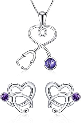 AOBOCO Sterling Silver Stethoscope Jewelry Nurse Necklace and Earrings Set with Simulated Amethyst Birthstone Crystals from Austria, Medical Student RN Registered Nurse Gifts for Women