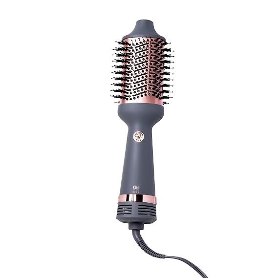 Hairitage Volumizing One Step Blow Dry Brush + Hair Dryer for Curling + Straightening - Ceramic Tourmaline Blowout Brush + Volumizer - Hair Styler for Smooth Shiny, Frizz-Free Styles - Matte Grey
